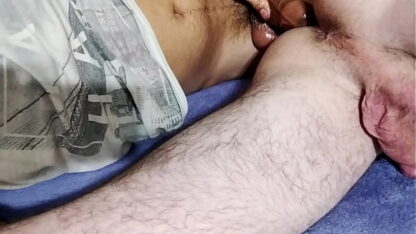 The slim guy lets me play with his cock